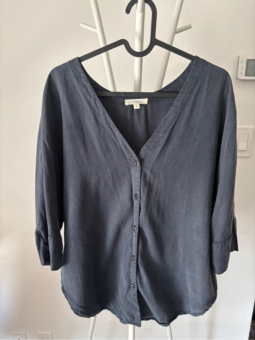 VETTA Slate Blue Button-Down V-Neck Blouse (oversized fit)